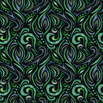 Hand-drawn waves seamless pattern  on a dack background. Abstract watercolor background in a diamond pattern