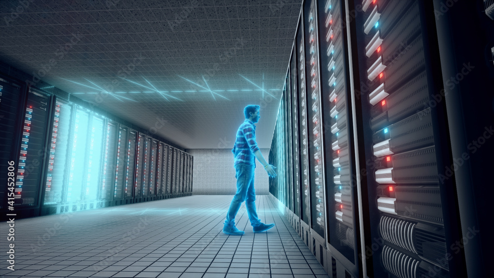 Poster 3d rendered illustration of database adminstrator front of big server. high quality 3d illustration