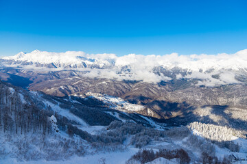 Beautiful snow landscape of snowy trees and Roza Plato village ski resort. Sochi, Russia.