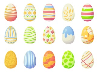 Modern bright gradient Easter eggs set with lines, dots and other ornates. Easter holiday, egg hunt concept. Stock vector illustration isolated on white background in flat cartoon style