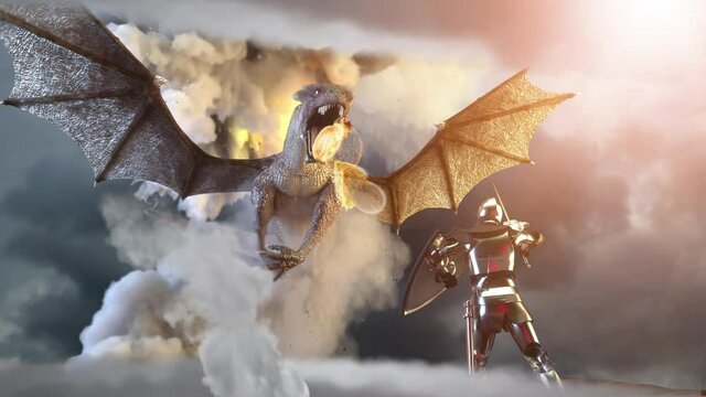 a knight fighting dragon, dragon versus man render 3d