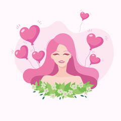 Illustration of a cute girl with balloons in pink colors