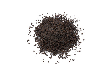 black tea granules isolated on white background. design element. indian beverage tea cut out