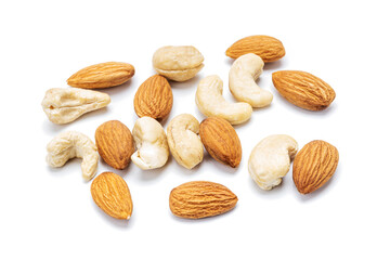 cashew and almond nuts isolated on white background. nuts variation cut out
