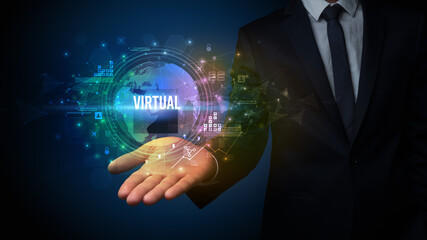 Elegant hand holding VIRTUAL inscription, digital technology concept