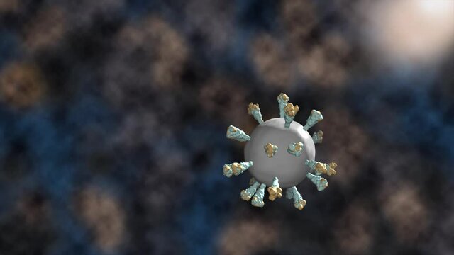 COVID-19 coronavirus or SARS-CoV2 virus particle against planetary background rotating; 3d rendering coronavirus particle in grey with spike proteins colored green and orange