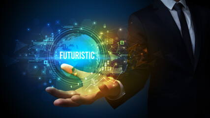 Elegant hand holding FUTURISTIC inscription, digital technology concept