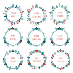 Merry Christmas collection of nine greeting cards with winter plants frame - wreath in flat style. Stock vector illustrations with botanical symbols of holiday - pine, cone, berry in red, green colors
