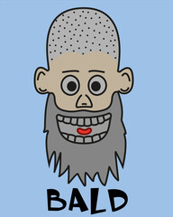 Portrait of the head of a hand-drawn cartoon bearded and bald man. Stupid, weird, and funny look. Hand-drawn illustration.