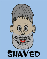 Portrait of the head of a hand-drawn cartoon hairy and shaved man. Stupid, weird, and funny look. Hand-drawn illustration.