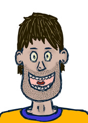 Portrait of the head of a hand-drawn cartoon hairy and shaved man. Stupid, weird, and funny look. Hand-drawn illustration.