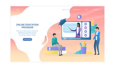 Male characters are watching online education program on big screen. Modern online educational program capabilities. Website, web page, landing page template. Flat cartoon vector illustration