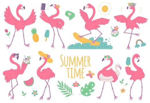 Pink flamingos summer set with with ice cream, on surfboard and wearing sunglasses. African birds cartoon flat illustration.