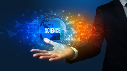 Elegant hand holding SCIENCE inscription, digital technology concept