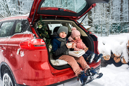children in the trunk of a car in winter, christmas tree and snowman, merry holidays, hot tea and gingerbread, picnic in the forest