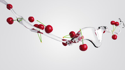Water flow with berries. 3D render.