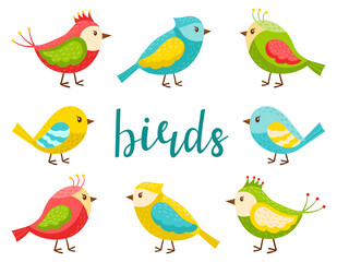 A set of bright cute birds. A collection of cartoon spring birds in a flat style. Design elements for spring, summer, and childrens themes. olor vector illustration Isolated on a white background