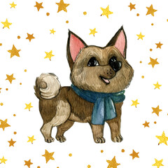 Card with golden stars and watercolor dark brown Vallhund  dog with a blue scarf isolated on white background.