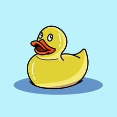 cute light yellow rubber duck on blue background, vector illustration
