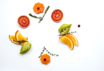 Fresh raw fruits in a designer style. Healthy food concept and grocery background top view