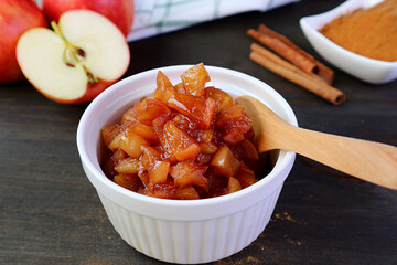 Closeup fresh cooked caramelized tasty and healthy homemade apple cinnamon compote