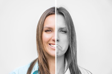 Portrait of young beautiful woman face showing happy and sad emotions. Expressing different...