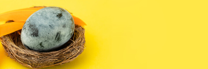 Easter blue egg and orange feathers in a nest on a yellow background. Easter holiday concept. Close up, copy space, banner