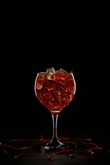 Red cocktail in a glass with ice and chili peppers. Valentine's Day Concept