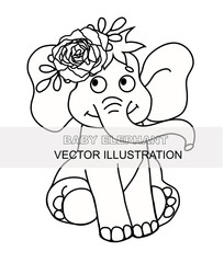 Elephant with rose. Baby Elephant with flower svg. Elephant with flower on Head. Linear vector illustration with elephant.