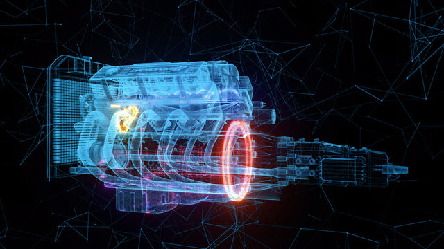 3d rendered illustration of Muscle Car v8 motor engine hud hologram. High quality 3d illustration