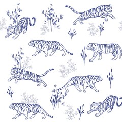 Semless pattern. Tiger jump, walking. Set of hand drawn vector skech. Outline illustration. 
