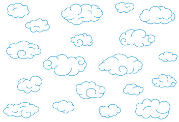 Seamless pattern with blue simple doodle clouds.