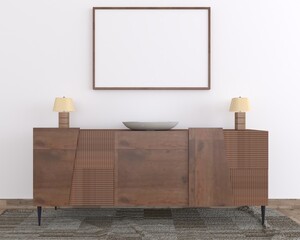 Frame mockup on cabinet in interior. 3d render
