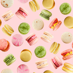 Seamless food background with traditional french cookies macarons of different colors and taste isolated on pink background. Sweet cookies macaron in different camera angles.