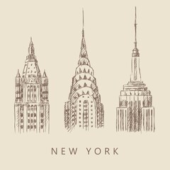 Three sketches of famous skyscrapers in New York, USA. Woolworth building, Empire State building, Chrysler building. Vintage beige card, hand-drawn, vector. Cityscape view. - obrazy, fototapety, plakaty