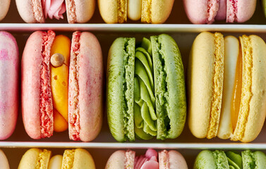 Macro plan of different types french macaroons in a box. Close up of the cream filling with different toppings and fluffy cookies.