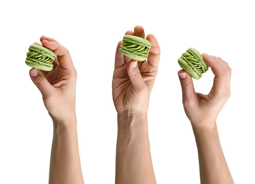 In the female hand green color of the traditional French fluffy macaroon cookies with the taste of matcha and lemongrass isolated on white.