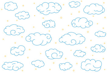 Seamless pattern with blue simple doodle clouds and little stars.