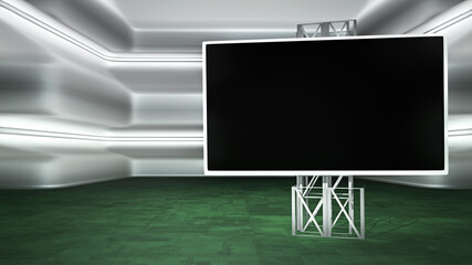 Futuristic virtual studio backdrop with a monitor ideal for tv shows, commercials or events. A realistic 3D render, Ideal for VR tracking system sets, with green screen