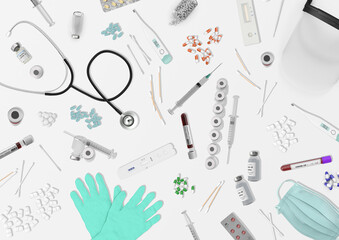 Medical devices from doctors to fight coronavirus, rubber gloves, medical masks and vaccination to treat patients and to stay safe top view. Blood test and cotton buds to take samples. 
