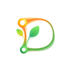 D letter eco logo with colorful spheres or dots and connecting lines.