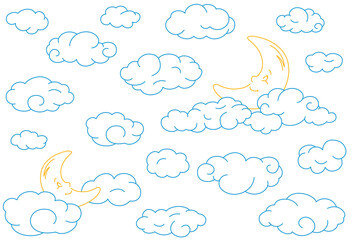 Night seamless pattern with blue simple doodle clouds and moon. Kids background.
