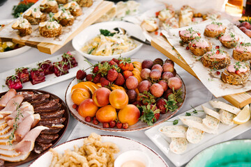 Festive table full of delicious food and snacks, beautiful serving, catering, bruschetta with pate, fruit, meat