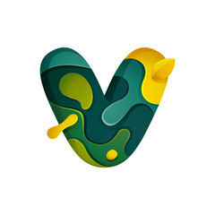 Paper cut letter V logo. Layer carving style effect icon.