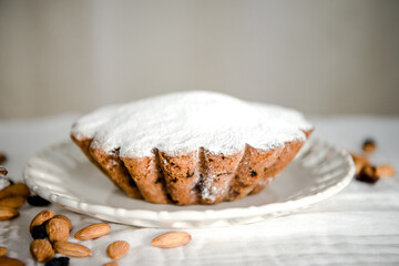 Homemade vanilla cake with raisins. Selective focus. Copy space for your text.