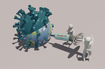 Fototapeta na wymiar Illustration 3d, two people, a woman and a man placing the covid-19 vaccine on planet earth