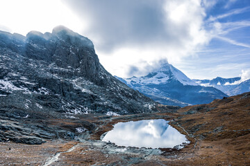 Panoramic view of Matterhorn peak, Switzerland..Matterhorn reflection in the Riffelsee.