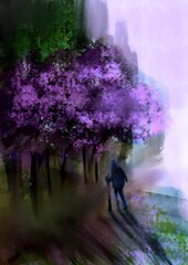 Purple trees blossoms in cityscape illustration.