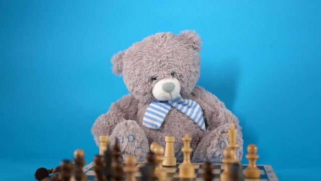 Close up of teddy bear with chess pieces on chessboard. Soft plush toy playing chess on blue background.