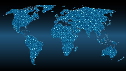 World map with triangular mesh and glowing dots